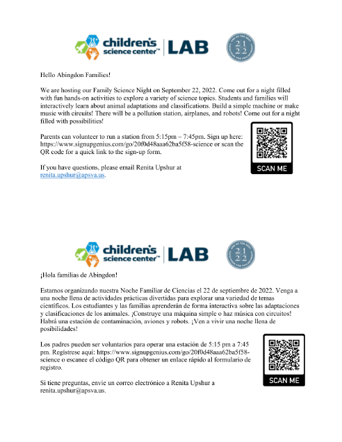 Family Science Night flyer in English and Spanish