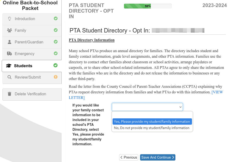 Screenshot showing how to opt-in to the online student directory