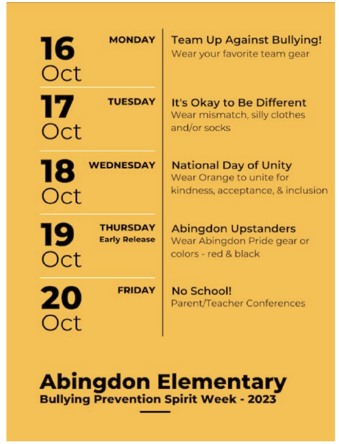Bullying Prevention Spirit Week flyer in English