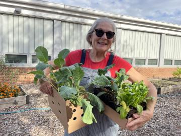 Volunteer holding winter greens for the garden